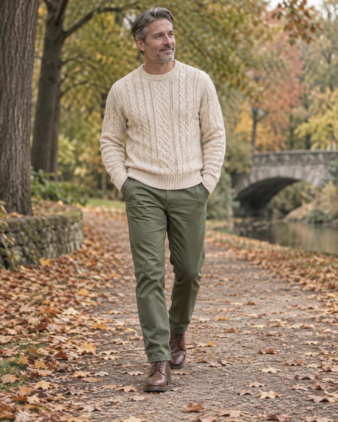 Man wearing a light cream cable-knit sweater, olive chinos and brown leather ankle boots in autumn