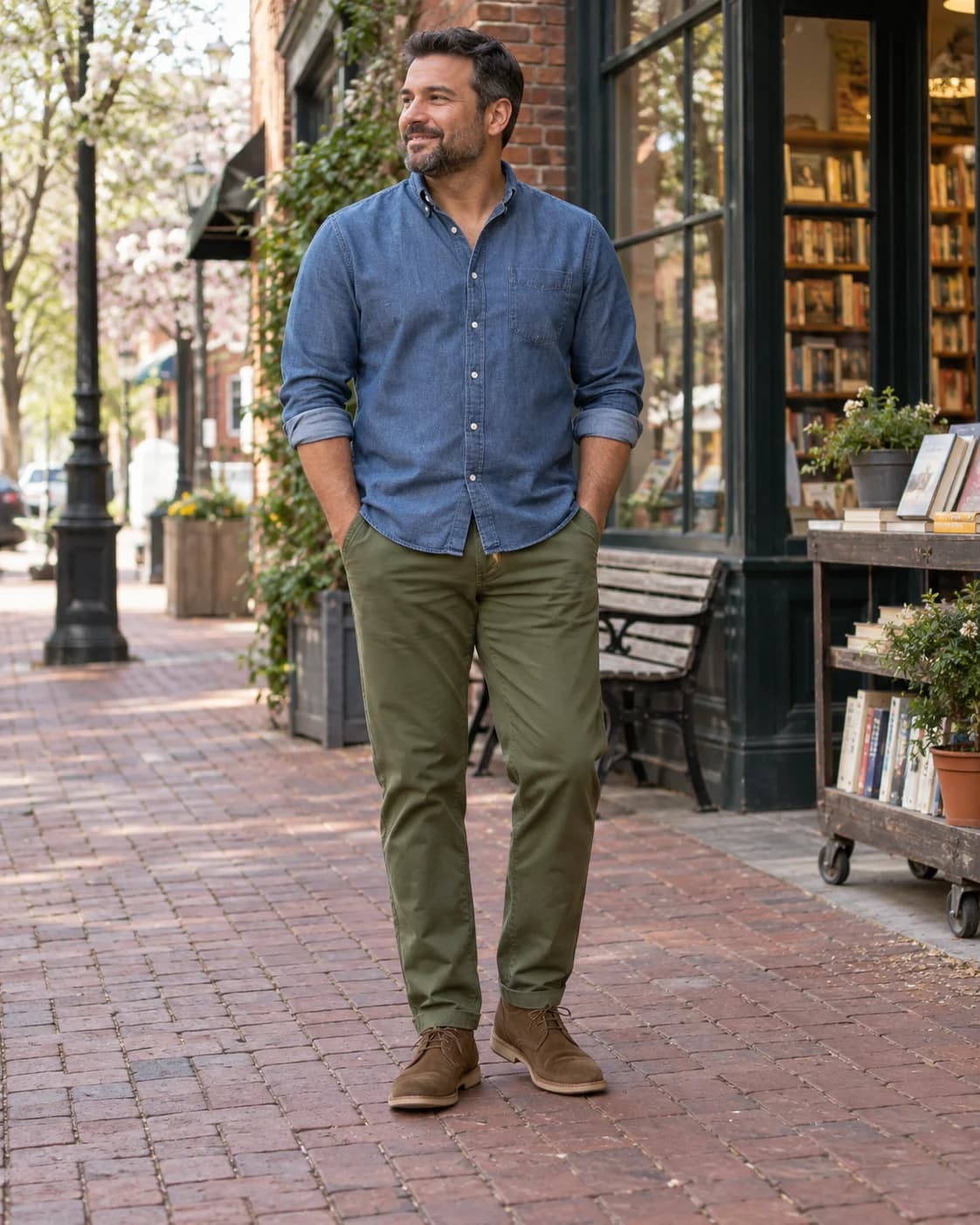 Man in a blue denim shirt, olive straight chinos and tobacco suede desert boots