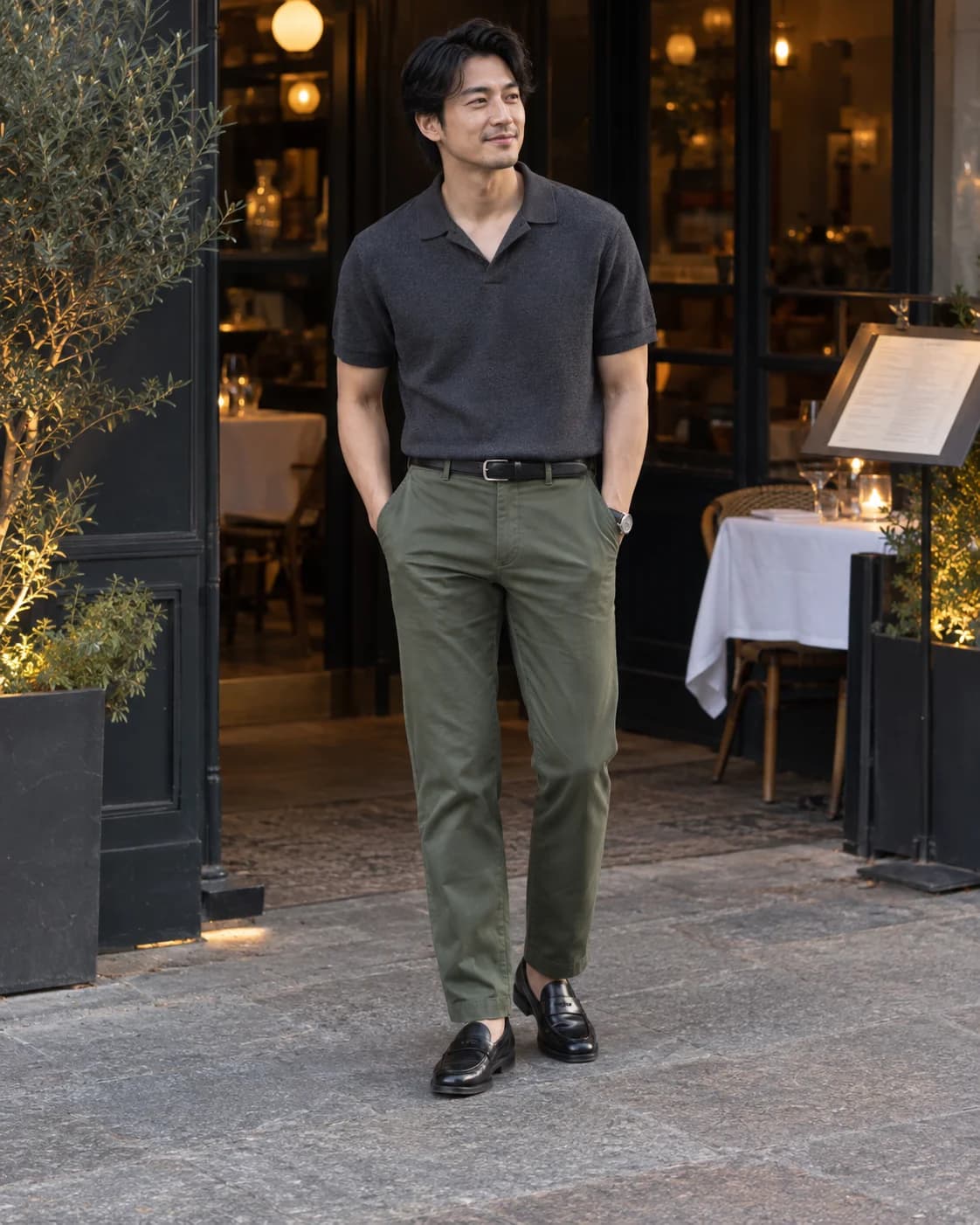 Man wearing a charcoal knit polo with olive chinos and black loafers outside a restaurant