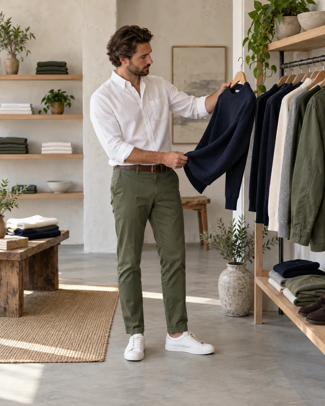 Man in olive trousers and a white shirt comparing a navy knit in a clothing boutique