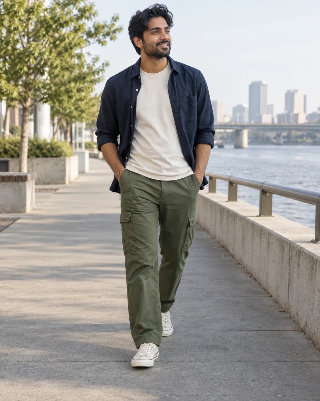 Man in a navy overshirt, cream tee, olive cargo pants and off-white sneakers beside a riverside walkway