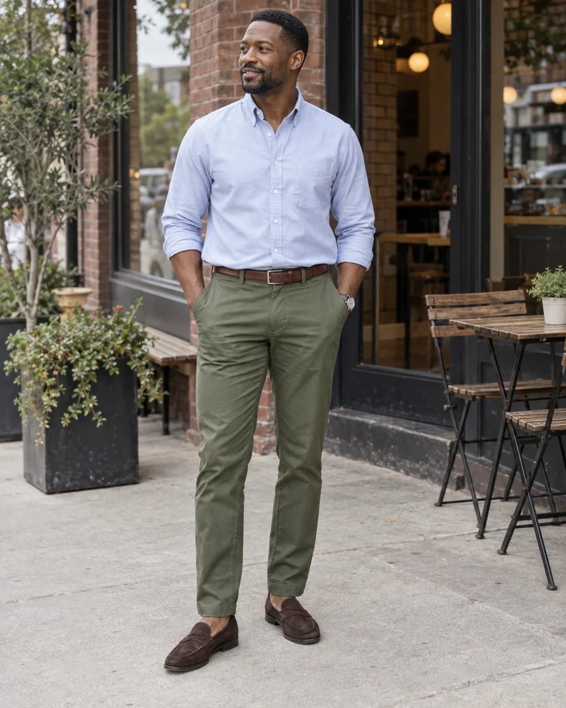 Man in a pale blue Oxford shirt, olive chinos and brown loafers outside a café