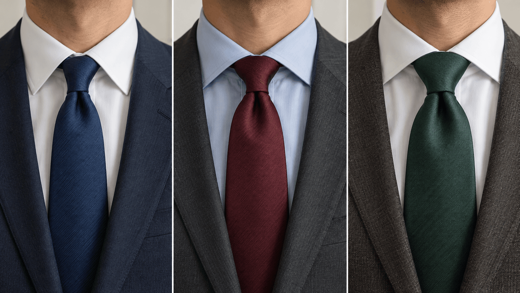 Landscape comparison of small, medium and fuller tie knots with different dress-shirt collars.