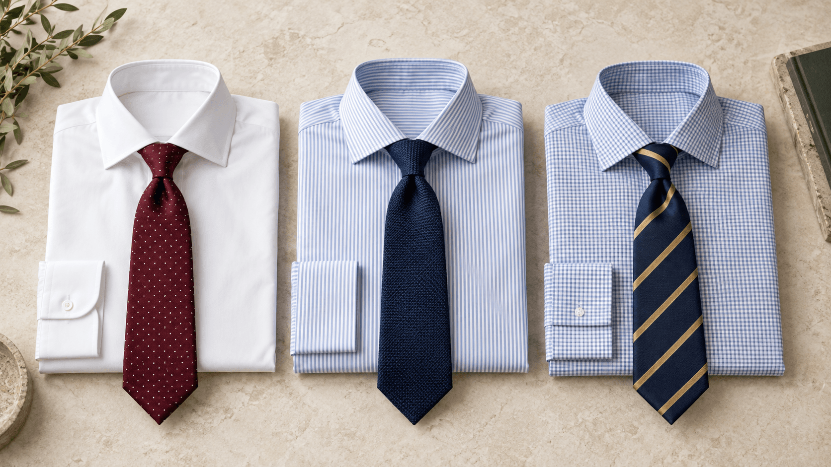 White shirt with dotted burgundy tie, striped blue shirt with navy tie, and checked shirt with widely striped tie.