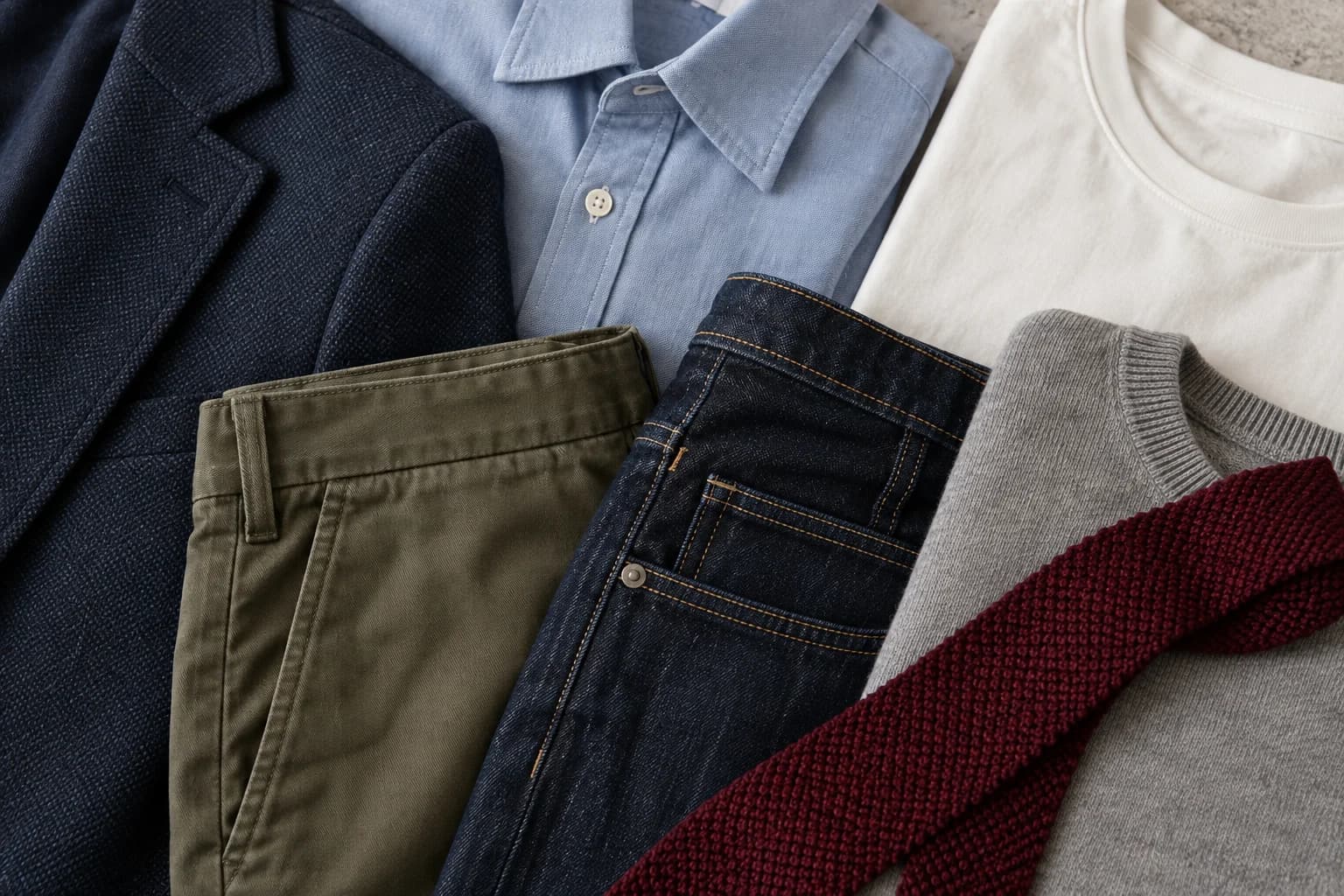 Navy, pale-blue, white, olive and gray fabrics with a burgundy tie