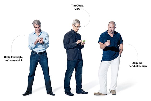 Craig Federighi, Tim Cook, and Jony Ive
