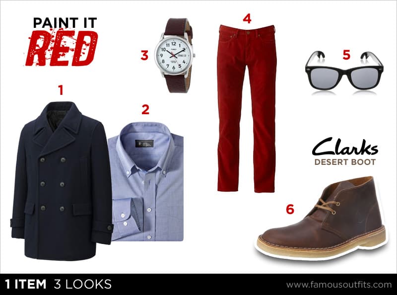 Navy peacoat + blue shirt + burgundy corduroys + brown desert boots outfit collage with numbered shoppable pieces