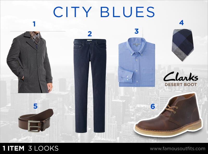 Gray car coat + blue Oxford + dark jeans + brown desert boots outfit collage with numbered shoppable pieces