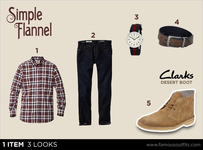 Plaid flannel + dark jeans + sand-suede desert boots outfit collage with numbered shoppable pieces