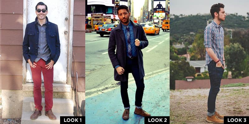 Three Clarks Desert Boot outfits: Paint It Red, City Blues, Simple Flannel