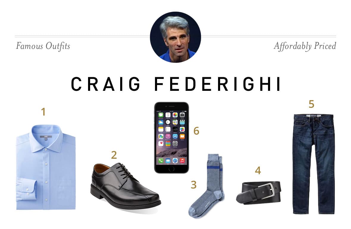 Craig Federighi outfit with a light blue shirt, dark jeans, black shoes, belt, socks, and iPhone