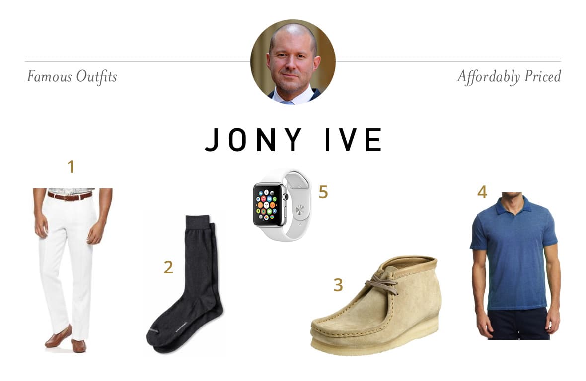 Jony Ive outfit with a polo, white linen trousers, tan Wallabee boots, socks, and Apple Watch
