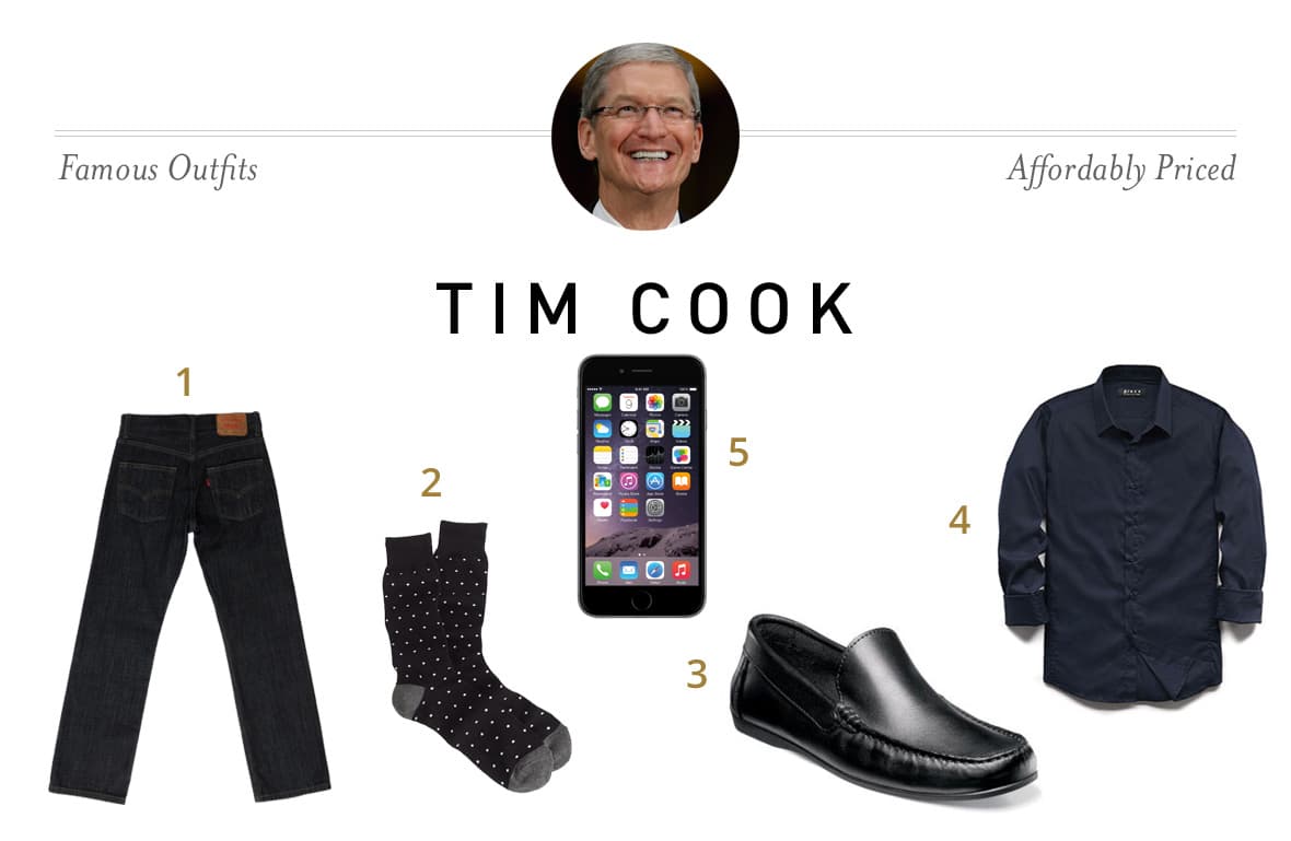Tim Cook outfit with a black shirt, straight-leg jeans, leather shoes, socks, and iPhone