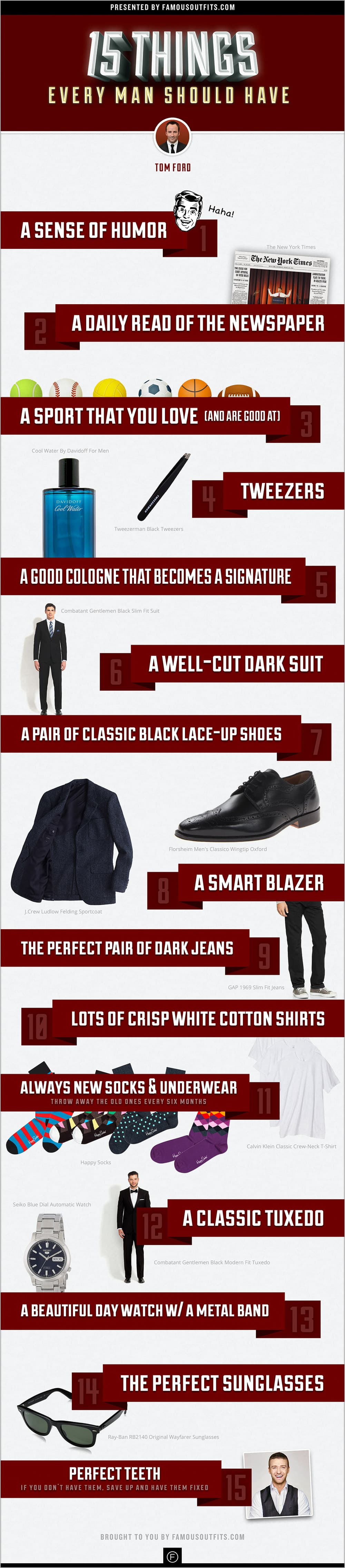 Famous Outfits infographic illustrating Tom Ford’s fifteen essentials