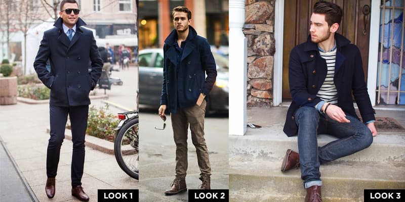 Three navy peacoat outfits: Cool and Classy, Urban Explorer, Layers