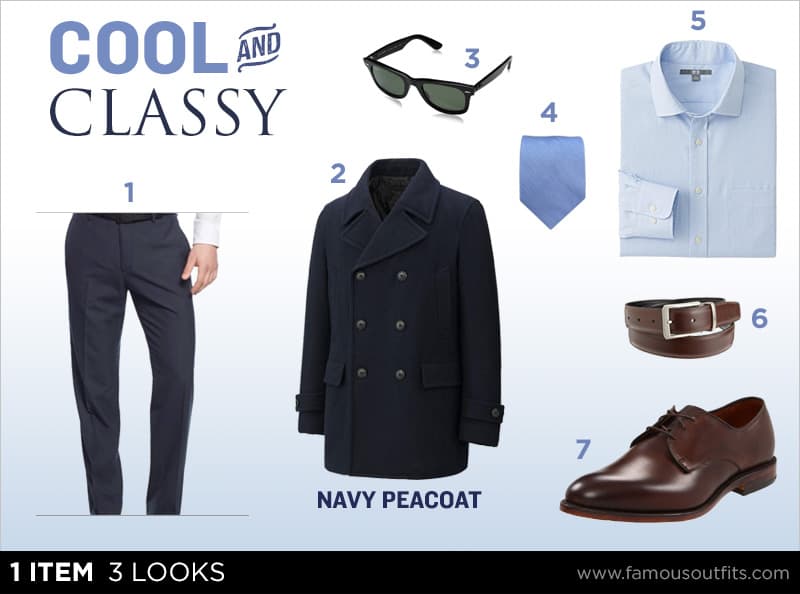 Navy peacoat + striped shirt + tailored trousers + brown lace-ups outfit collage with numbered shoppable pieces
