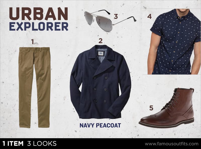 Navy peacoat + printed shirt + khaki chinos + brown lace-up boots outfit collage with numbered shoppable pieces
