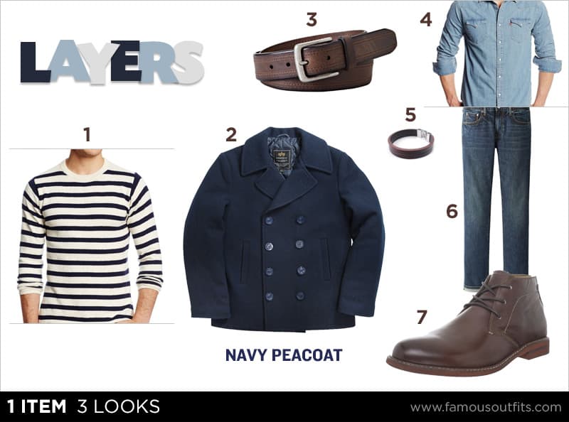 Navy peacoat + Breton knit + denim shirt + dark jeans outfit collage with numbered shoppable pieces