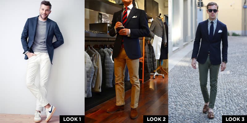 Three navy blazer outfit ideas: gray sweater with white jeans, white shirt with brown chinos, and gingham shirt with olive pants