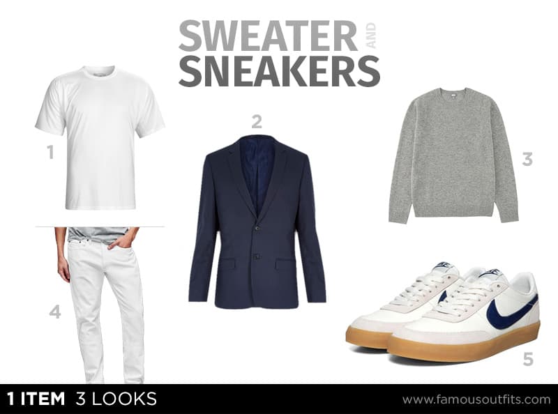 Navy blazer + gray crewneck + white jeans + retro sneakers outfit collage with numbered shoppable pieces