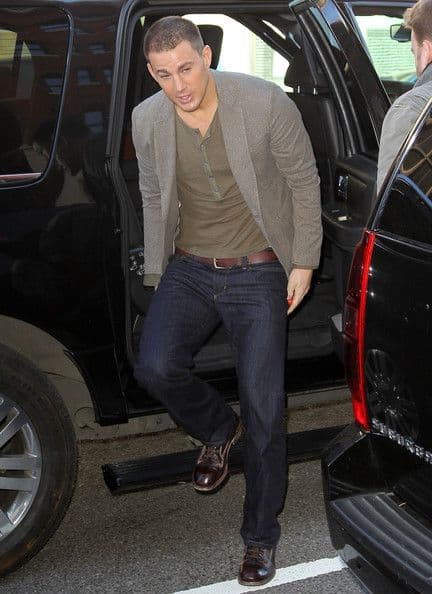Channing Tatum’s Brown Blazer & Olive Henley Outfit
