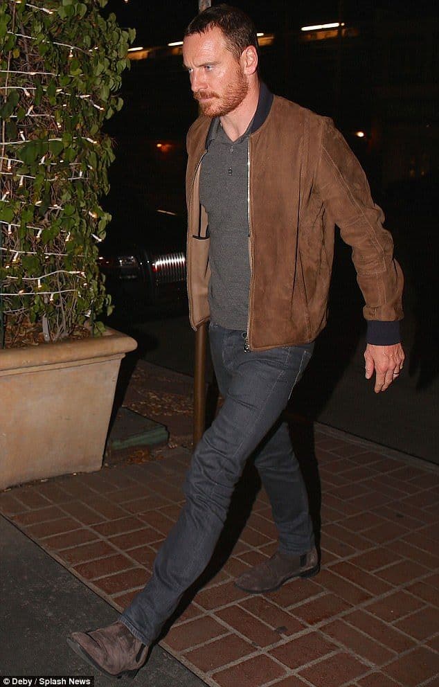 Michael Fassbender’s Brown Suede Bomber & Chelsea Boots Outfit