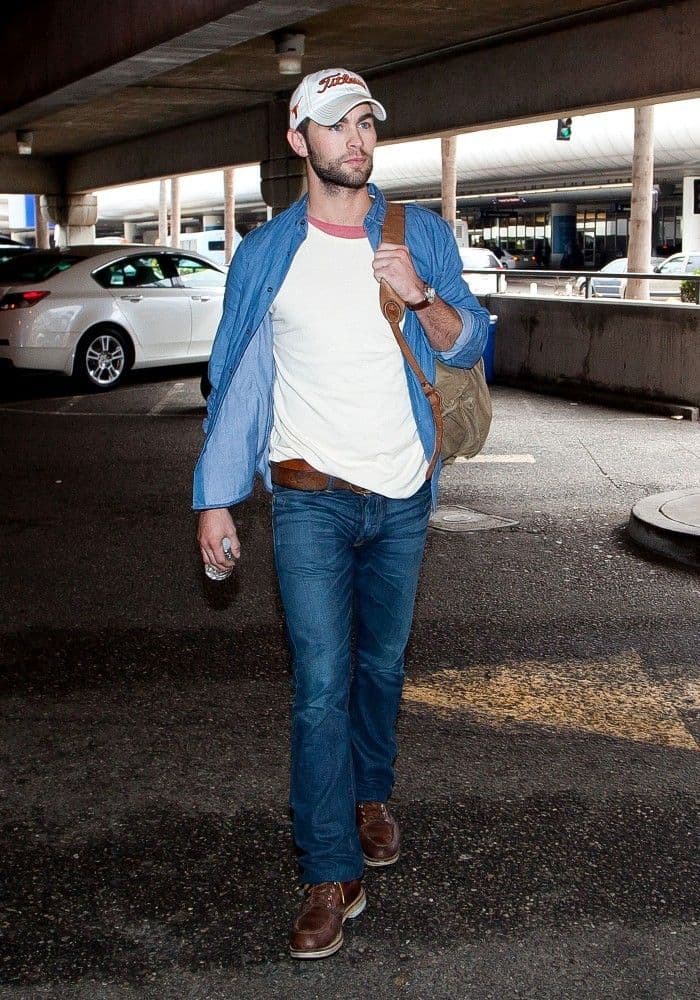 Chace Crawford’s Chambray Shirt & Layered Tees Outfit