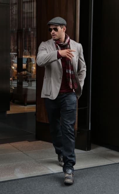 Kellan Lutz’s Beige Blazer & Red Scarf Outfit
