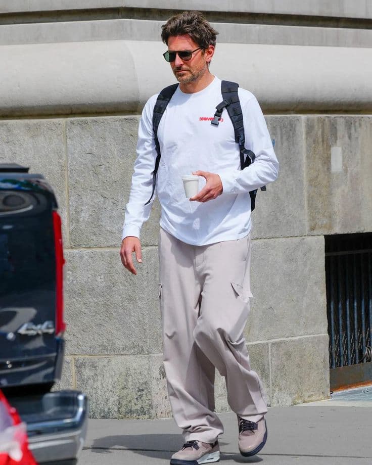 Bradley Cooper’s White Long-Sleeve Tee & Cargo Pants Outfit