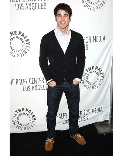 Darren Criss’s Black Cardigan & White Oxford Outfit