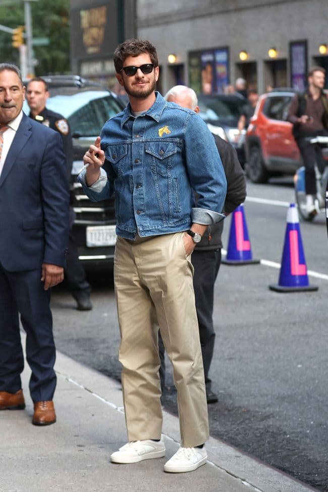 Andrew Garfield’s Denim Jacket & Khaki Chinos Outfit