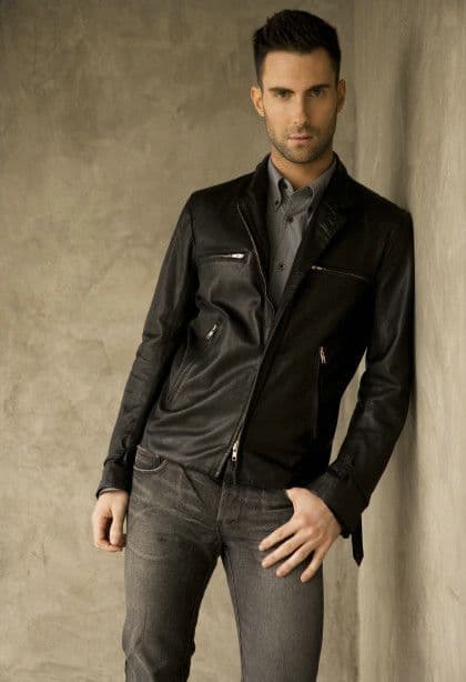 Adam Levine’s Black Leather Jacket & Gray Jeans Outfit
