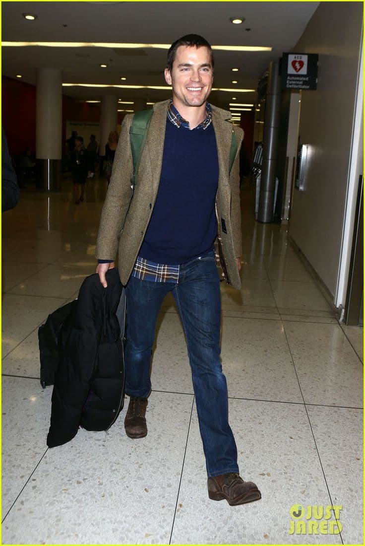Matt Bomer’s Tweed Blazer & Navy Sweater Outfit