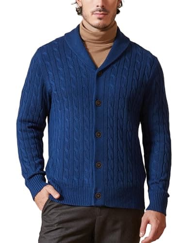 Navy shawl-collar cable cardigan