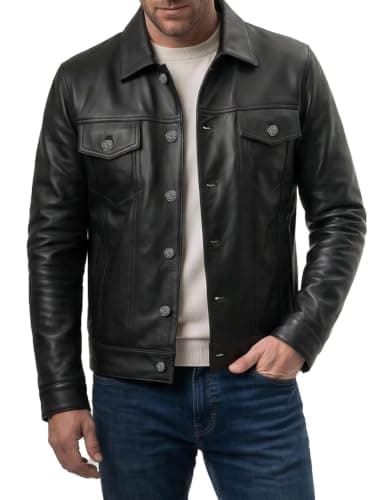 Black leather shirt-collar trucker jacket