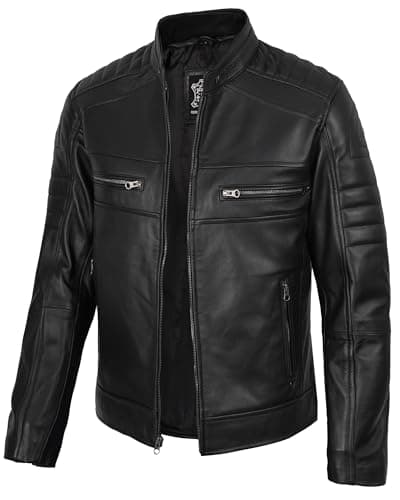Black leather café-racer jacket