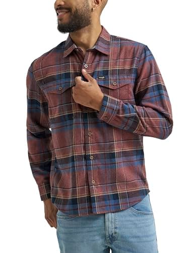 Brown-and-blue plaid flannel shirt