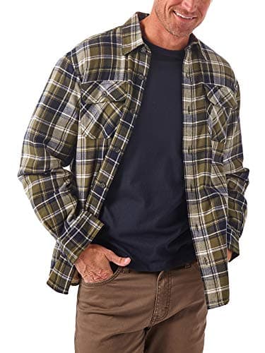Olive plaid sherpa-lined shirt jacket