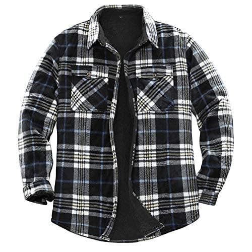 Navy-and-beige sherpa-lined plaid flannel shirt jacket