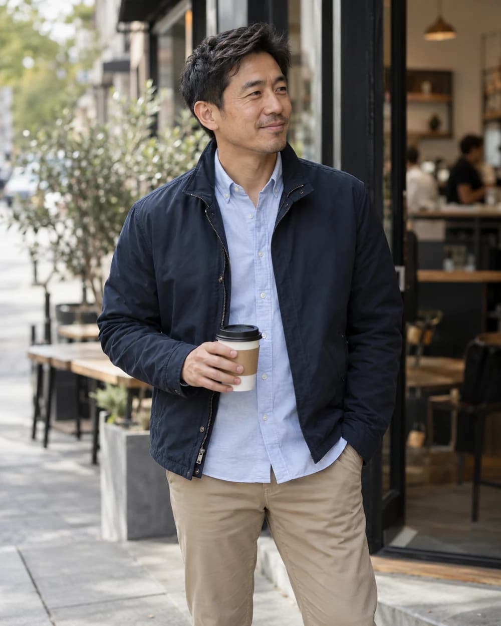 Man outside a neighborhood café wearing a navy jacket and chinos
