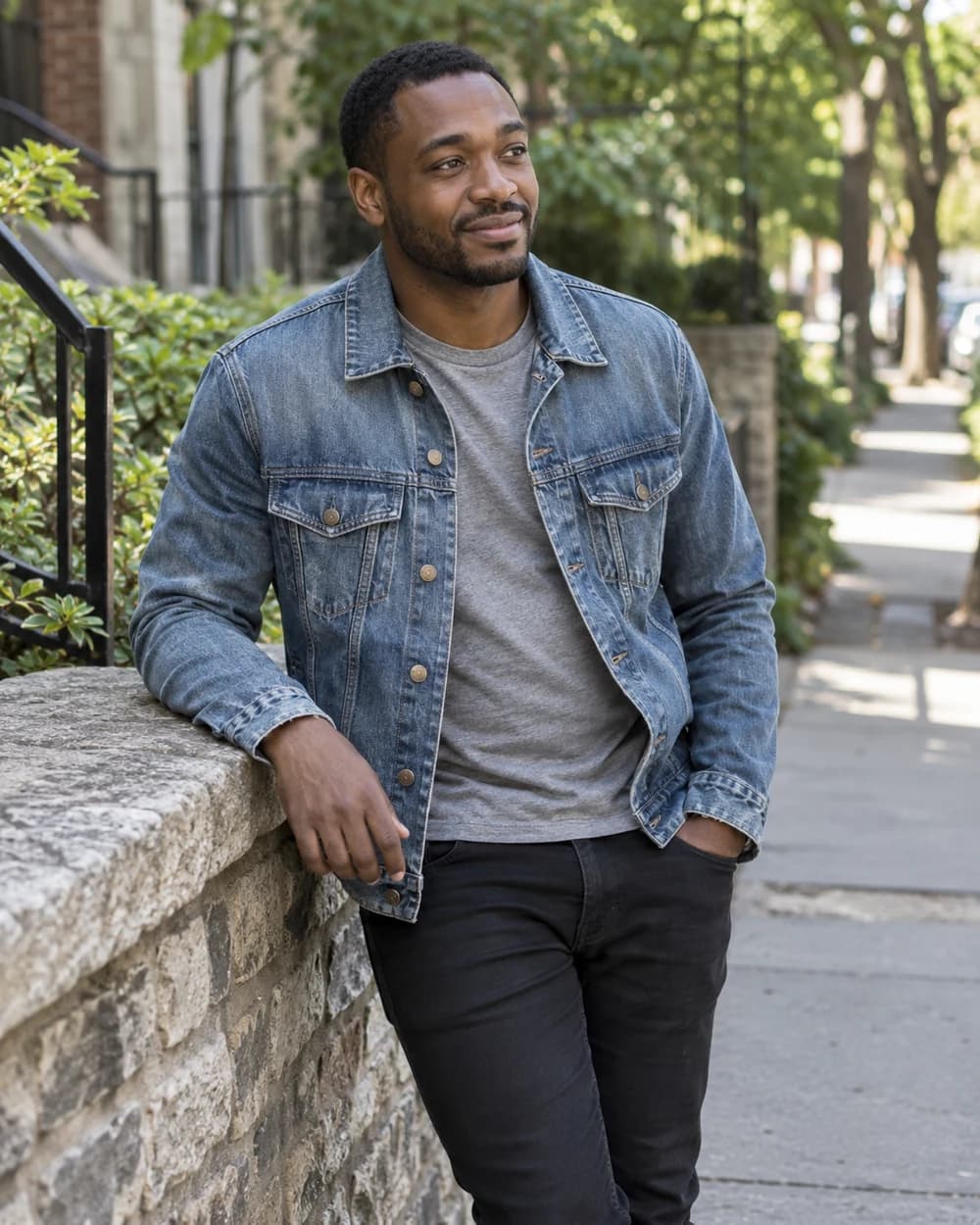 Man in a denim jacket relaxing beside a neighborhood stone wall