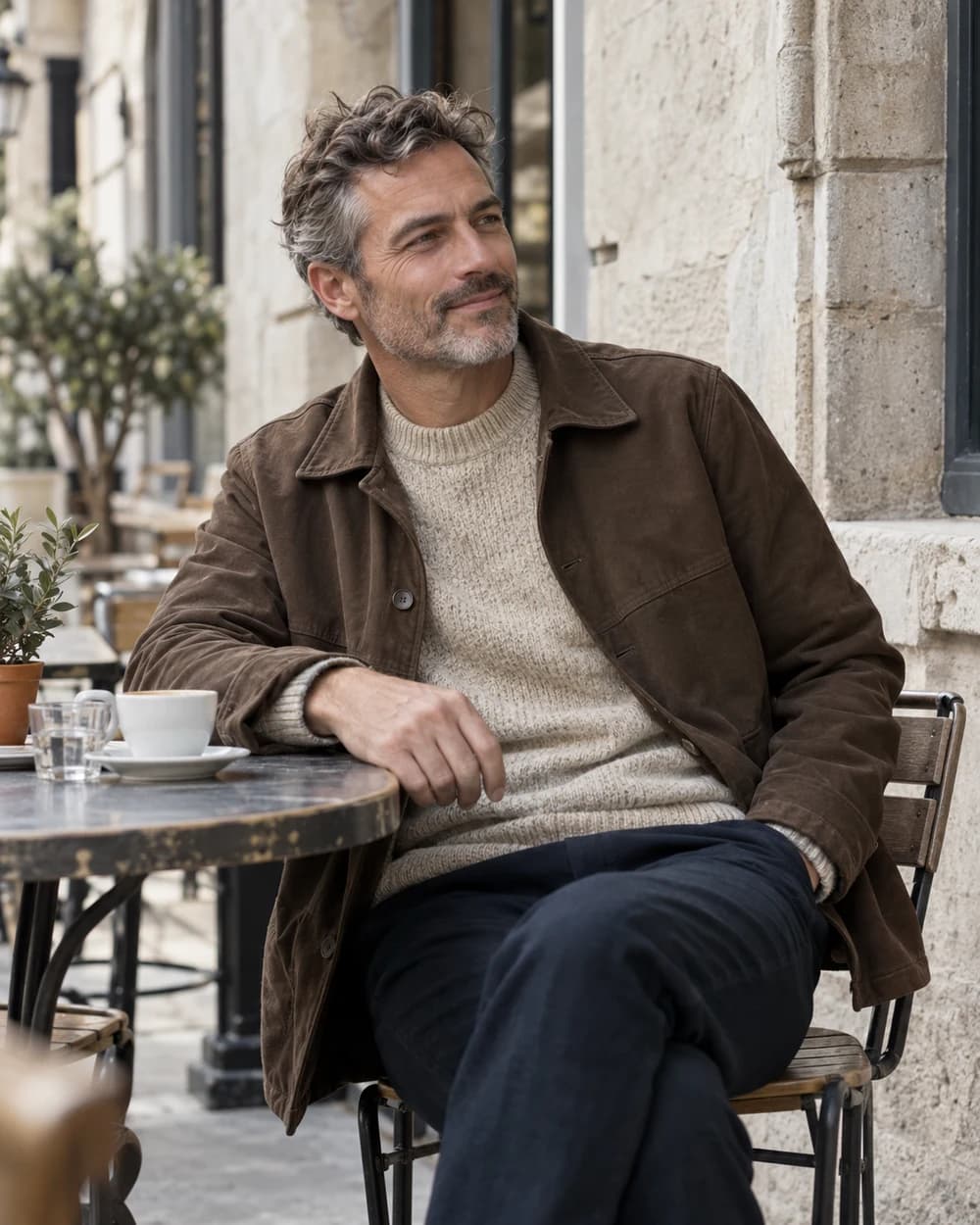 Man in a knit sweater and casual jacket sitting at an outdoor café