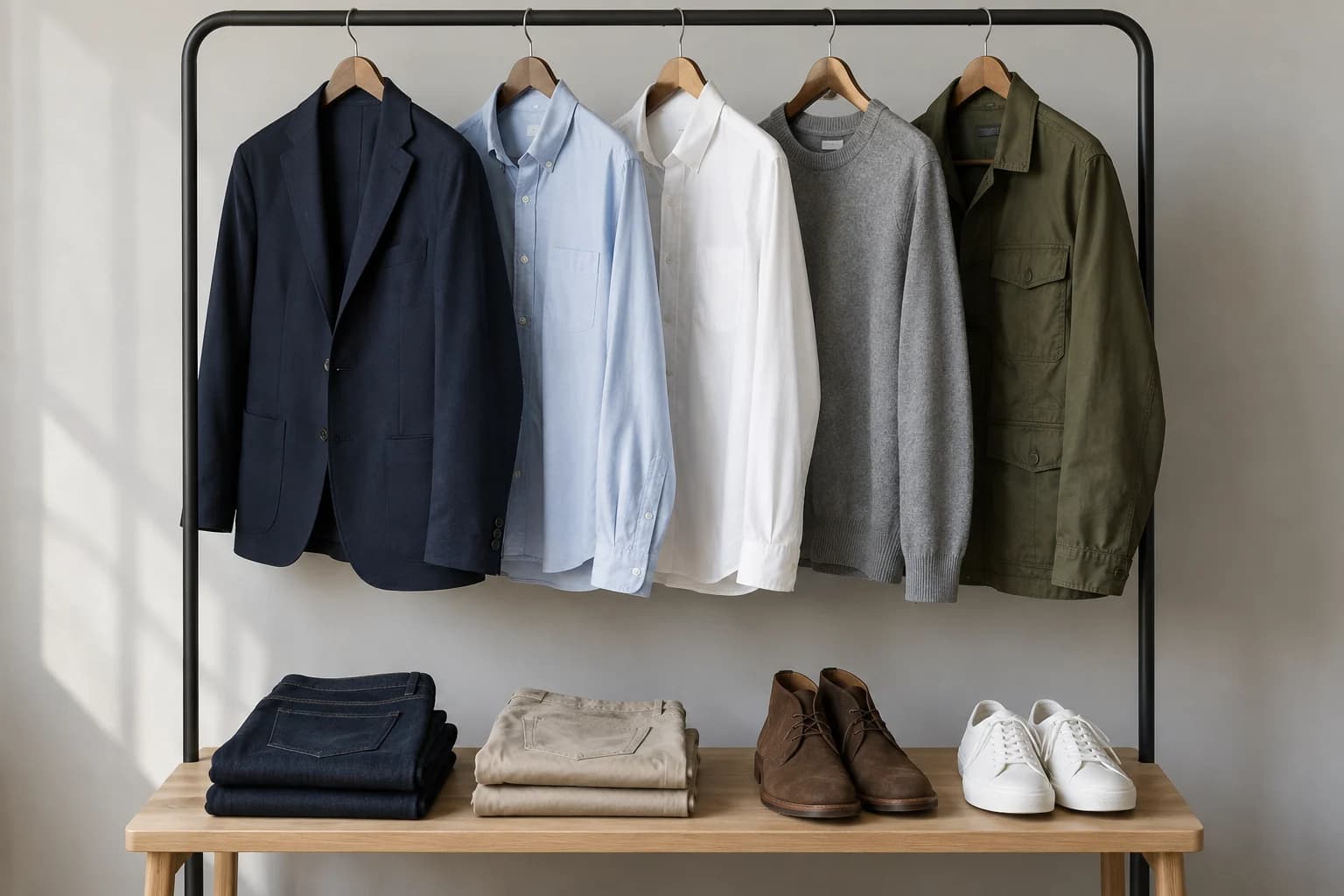 Navy jacket, blue and white shirts, gray knit and olive jacket on a rail, with folded trousers and shoes below