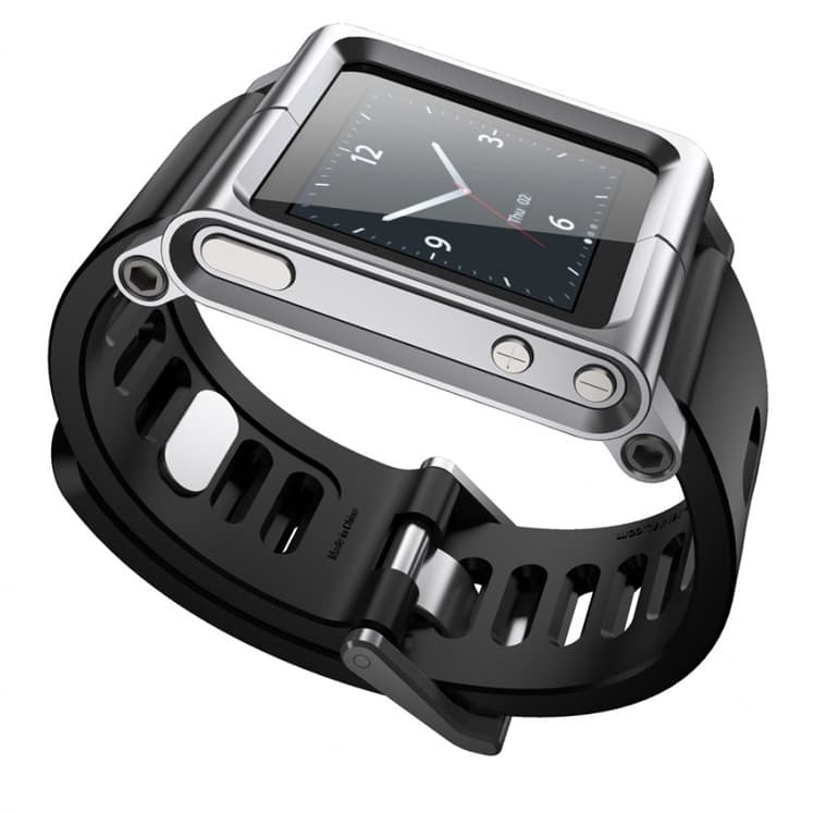 A silver iPod nano fitted into a LunaTik watchband