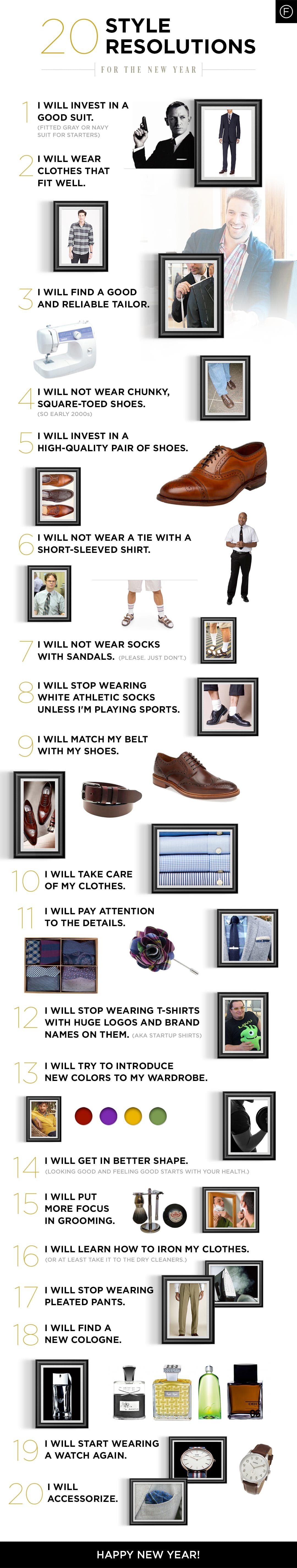 Twenty style resolutions illustrated with clothing, accessories and grooming ideas