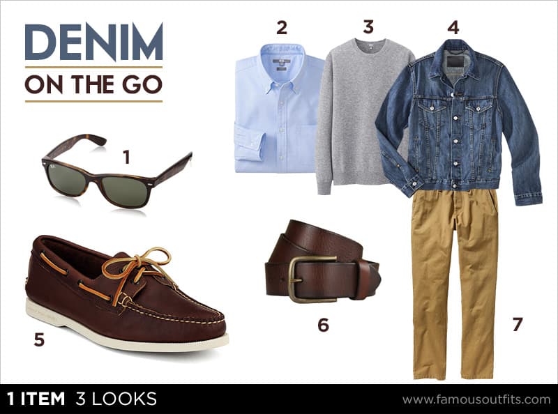 Denim jacket + blue Oxford + gray crewneck + khaki chinos outfit collage with numbered shoppable pieces