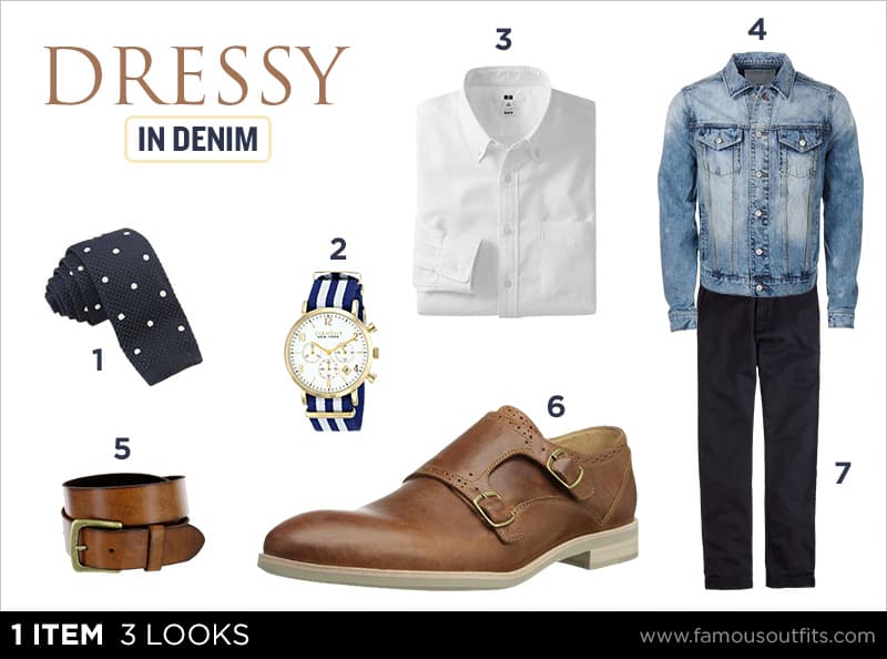 Light denim jacket + white Oxford + knit tie + navy chinos outfit collage with numbered shoppable pieces