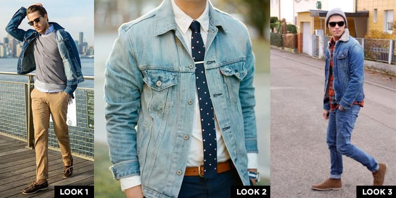 Three denim jacket outfits: Denim on the Go, Dressy in Denim, Jean on Jean