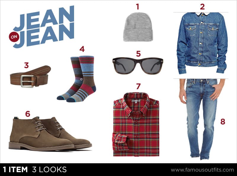 Sherpa denim jacket + red flannel + blue jeans + suede boots outfit collage with numbered shoppable pieces