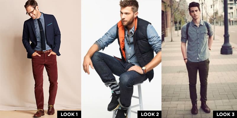 Three chambray shirt outfits: Dressed Up Chambray, Invested Chambray, Chambray on Campus